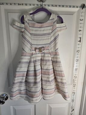 Us Angels White Striped Cold-Shoulder Party Dress with Pink & Lavender Accents